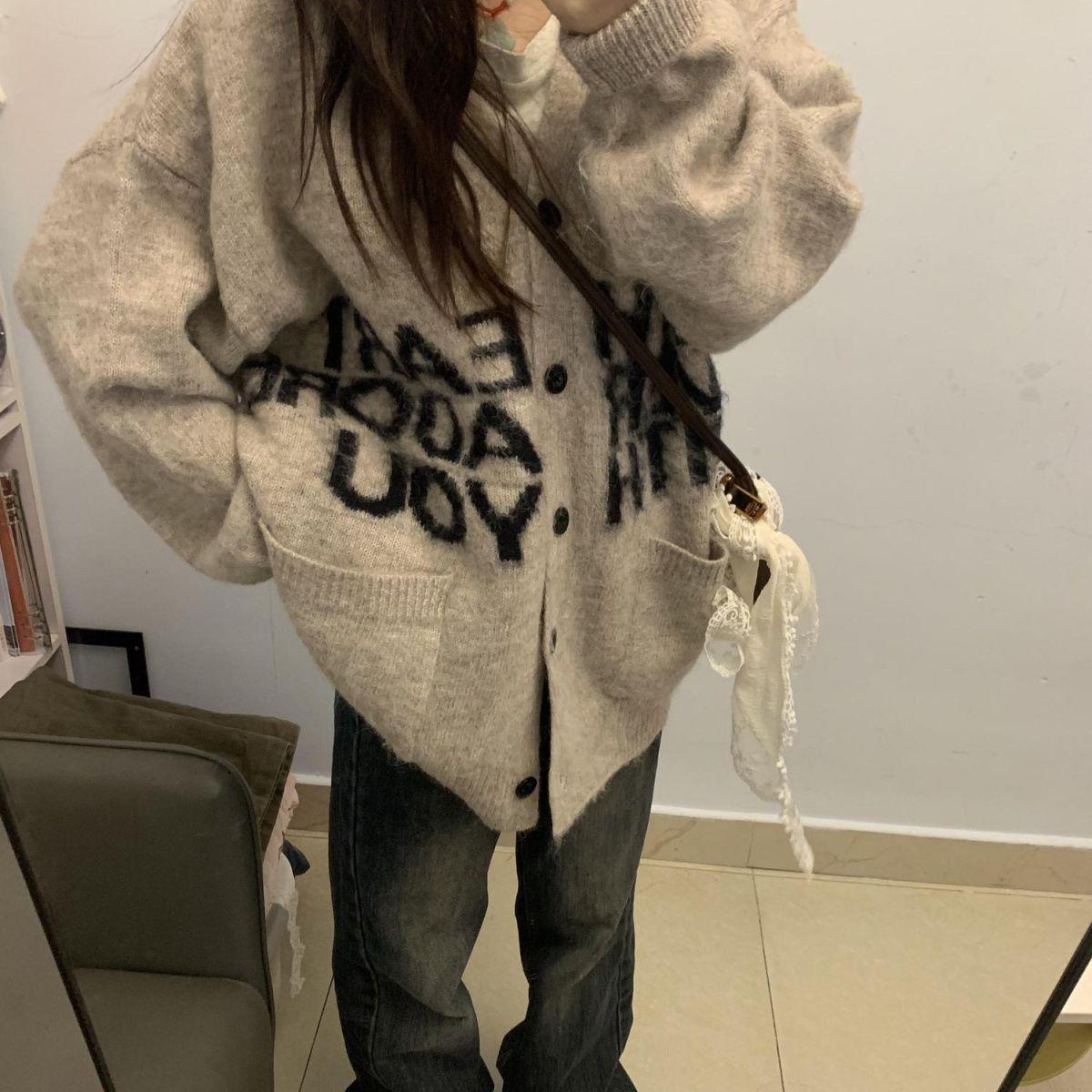 慵懒风软复古毛衣开衫早秋美式字母新款高级提花感穿宽松针织外套