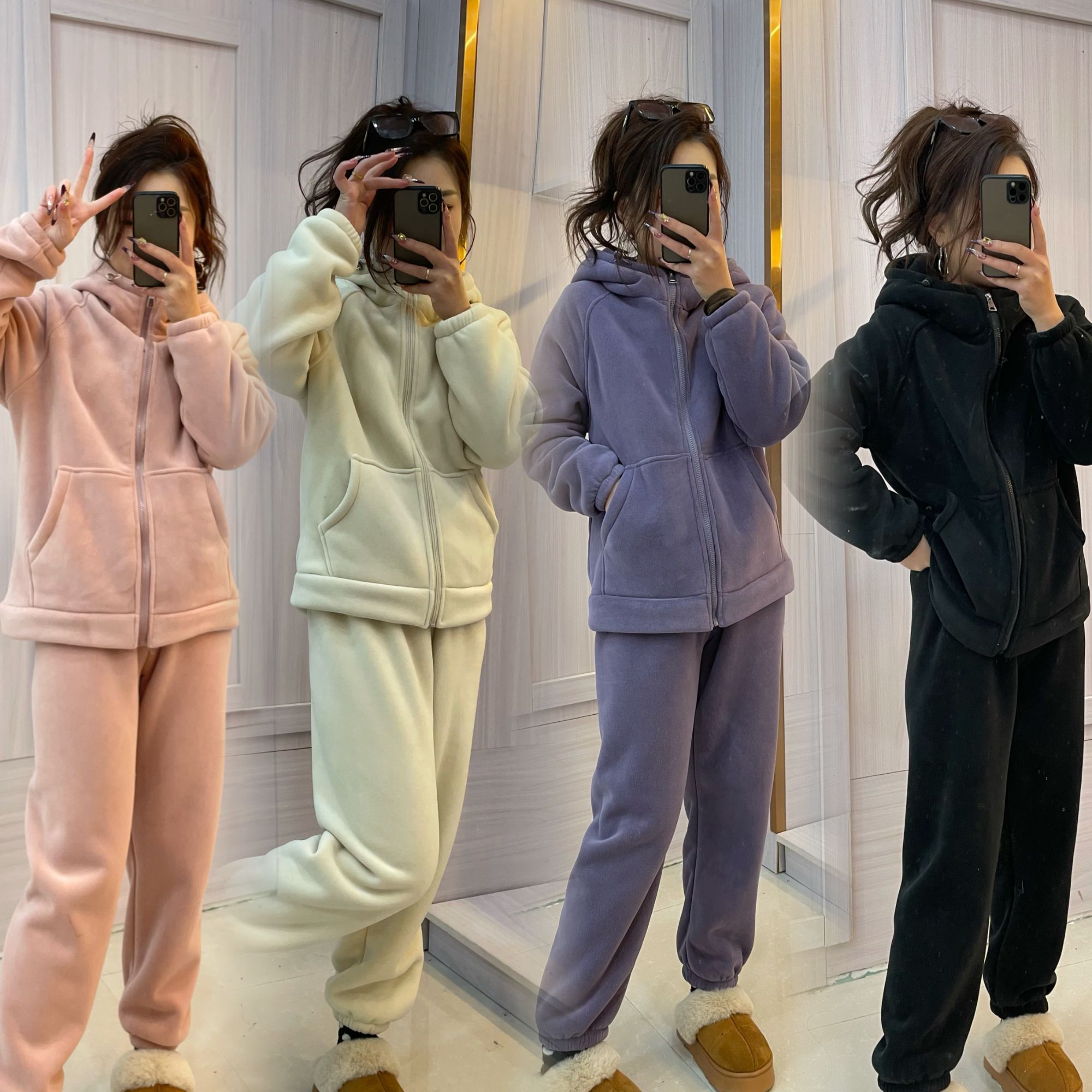 女士运动休闲时尚睡衣加绒加厚睡衣三层夹棉保暖短款家居服套装