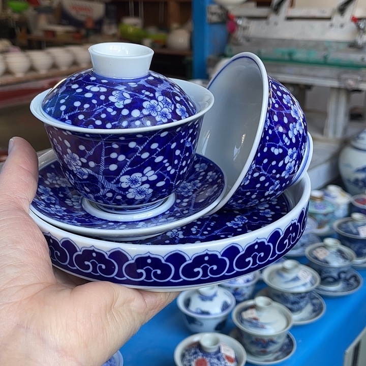 青花釉下彩盖碗杯子壶承