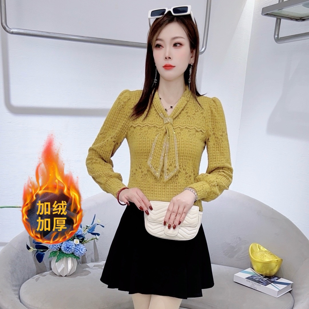 A9020秋冬新款磨毛蕾丝打底衫V领外穿内搭洋气减龄显瘦百搭上衣