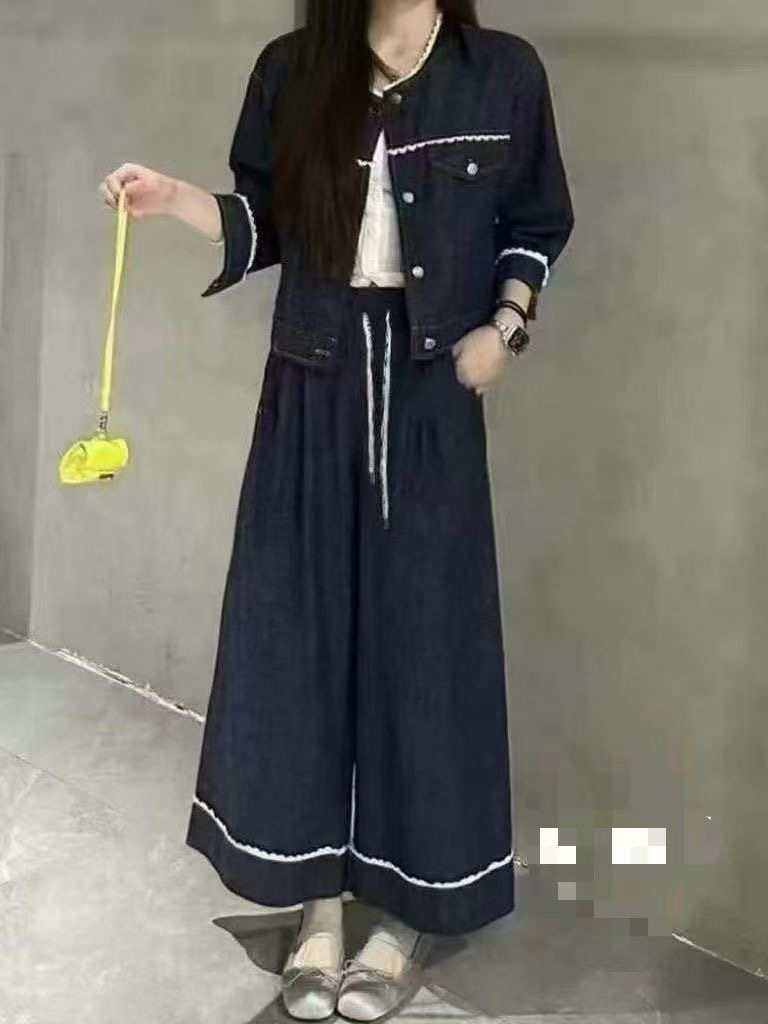 夏季新款女阔腿裤女高腰直筒九分裤花边拼接休闲裤子9501