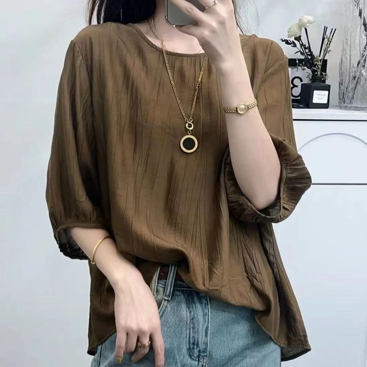 透气不规则常规中国风纯色T恤褶皱圆领中袖设计感