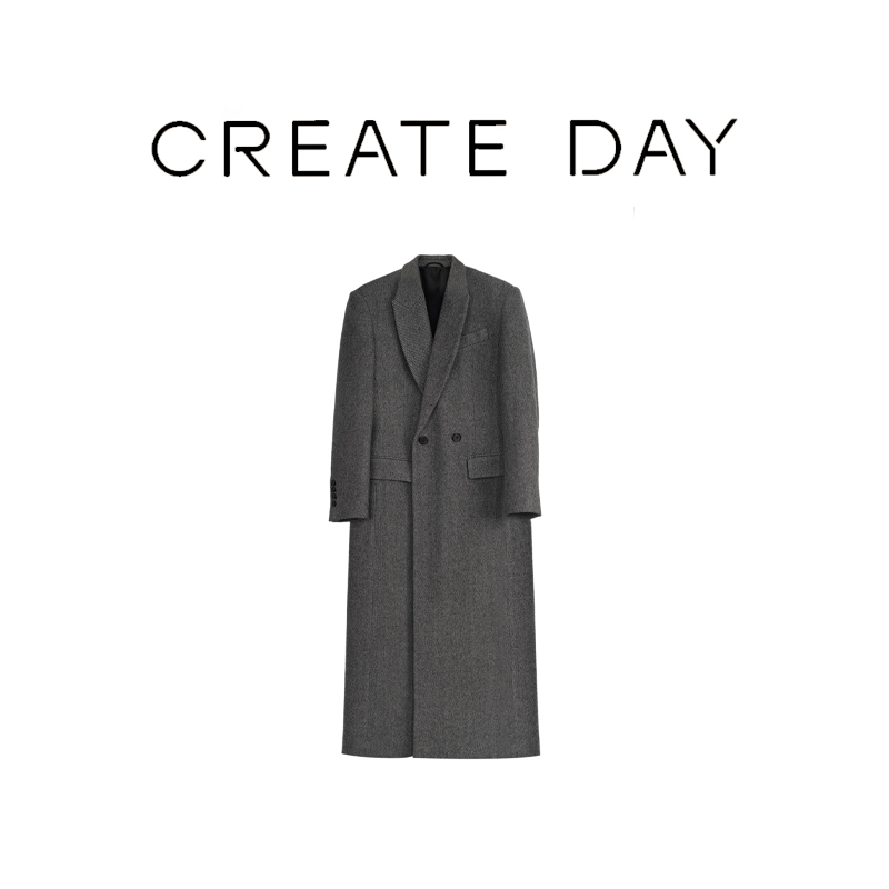 CREATE DAY灰色宽松长款毛呢外套女秋冬2025显瘦西装呢子大衣