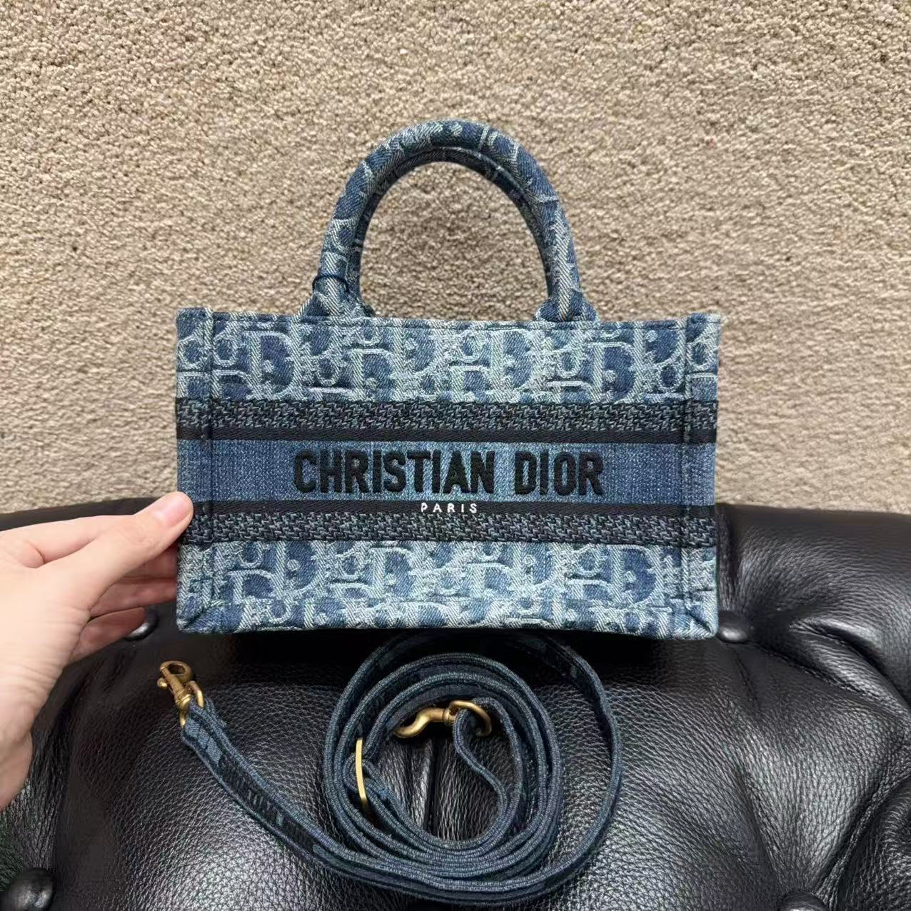 99新 DIOR/迪奥 BookTote mini 蓝色横版托特包 手提单肩斜挎包