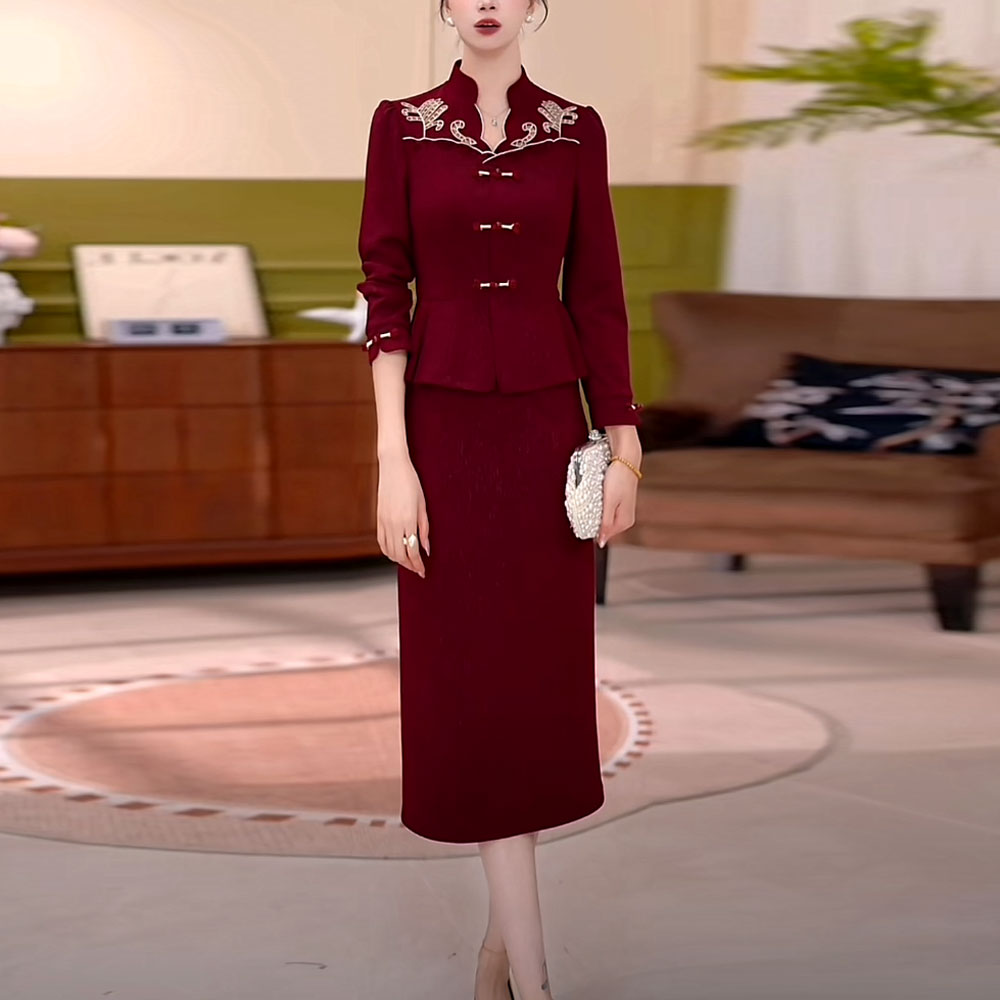 斜纹精纺新中式假两件连衣裙2025秋季新款修身显瘦婚宴妈妈礼服裙