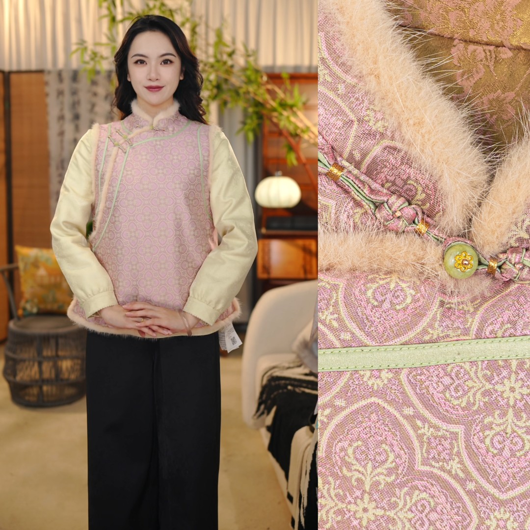 【翠绫】新中式桑蚕丝加棉提花毛领马甲气质双面穿休闲女装G518135
