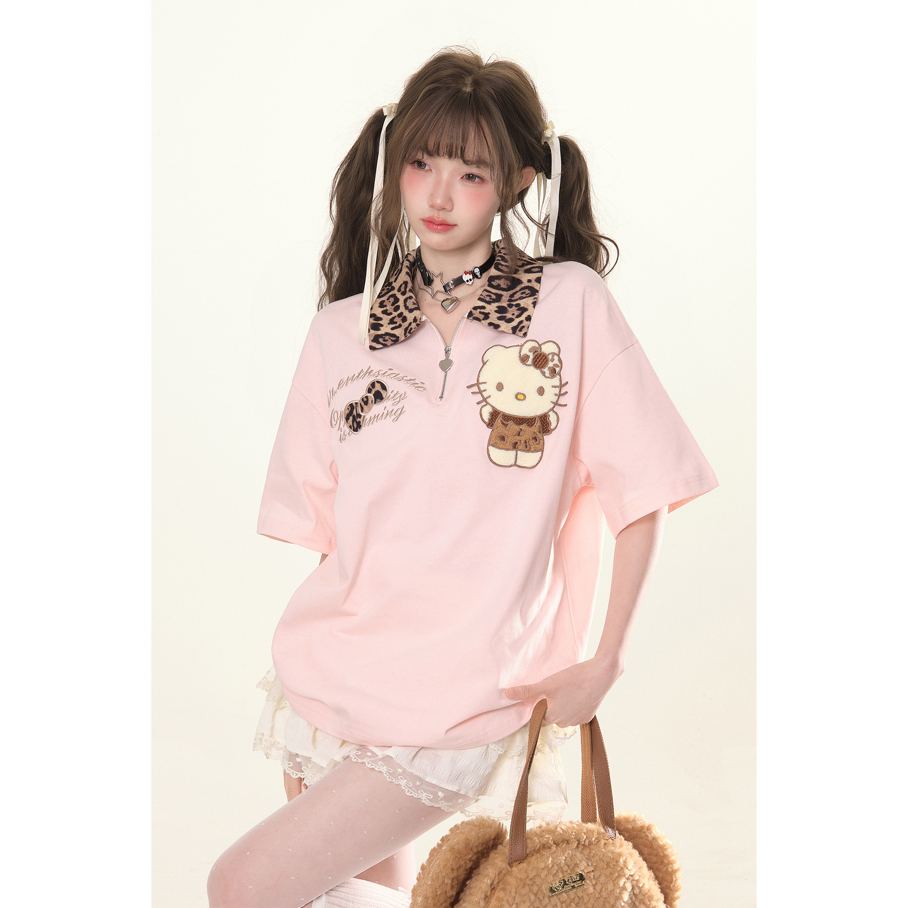 自然涩小众刺绣印花常规卡通设计感T恤POLO领短袖美式少女拼接