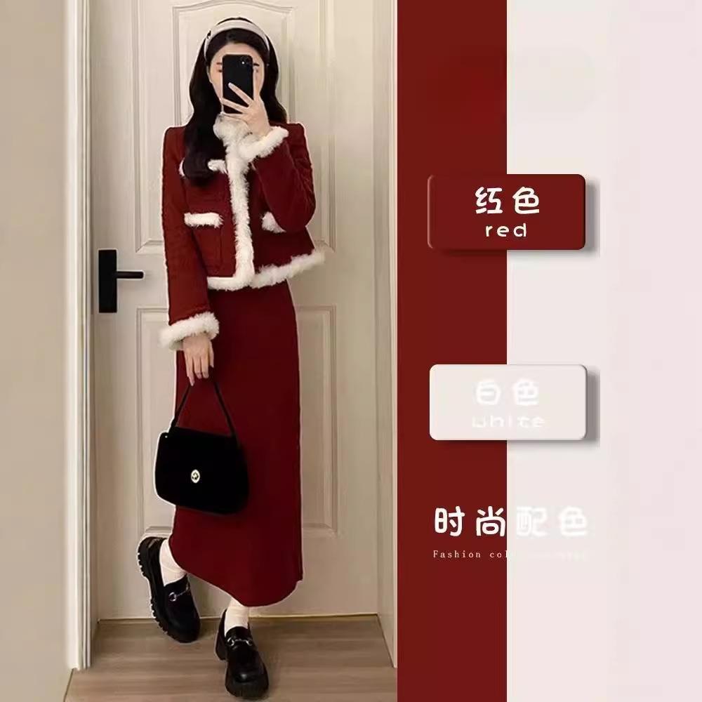 .香港潮牌小香风红色毛呢时尚套装女秋冬装高级感洋气两件套裙别.