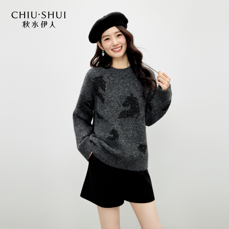 秋水伊人慵懒圆领针织衫2025年冬季新款提花上衣625420M344471