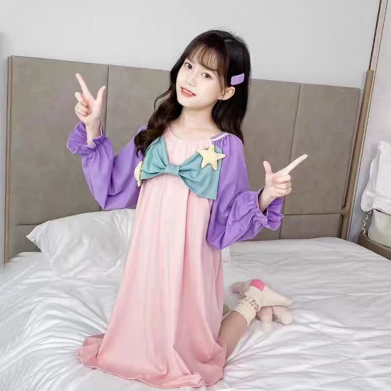 女童2025夏季新款撞色长袖睡裙(尺码偏大-按身高拍)B2920