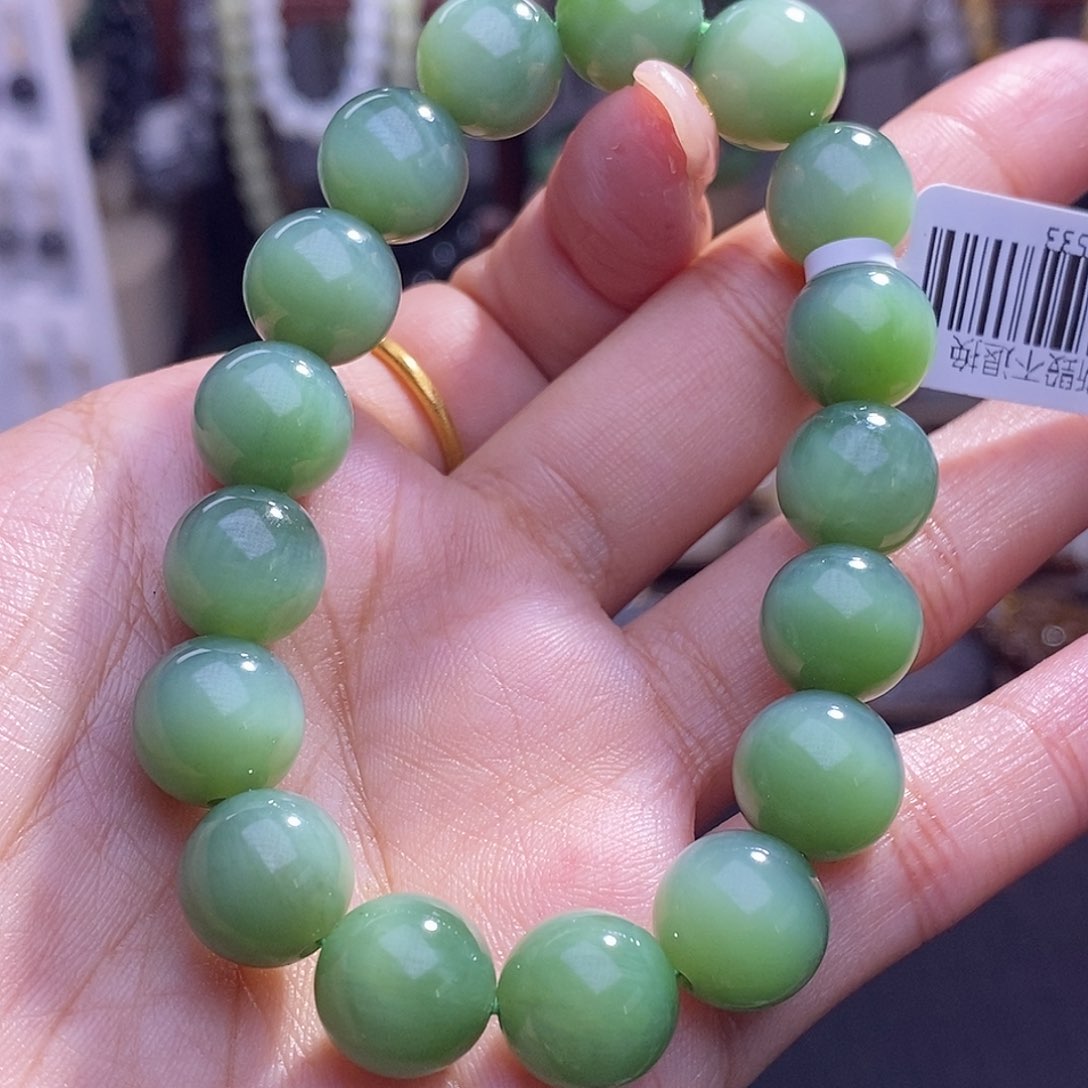 和田玉毕业级老矿料碧玉粉青猫眼手链12m未镶嵌