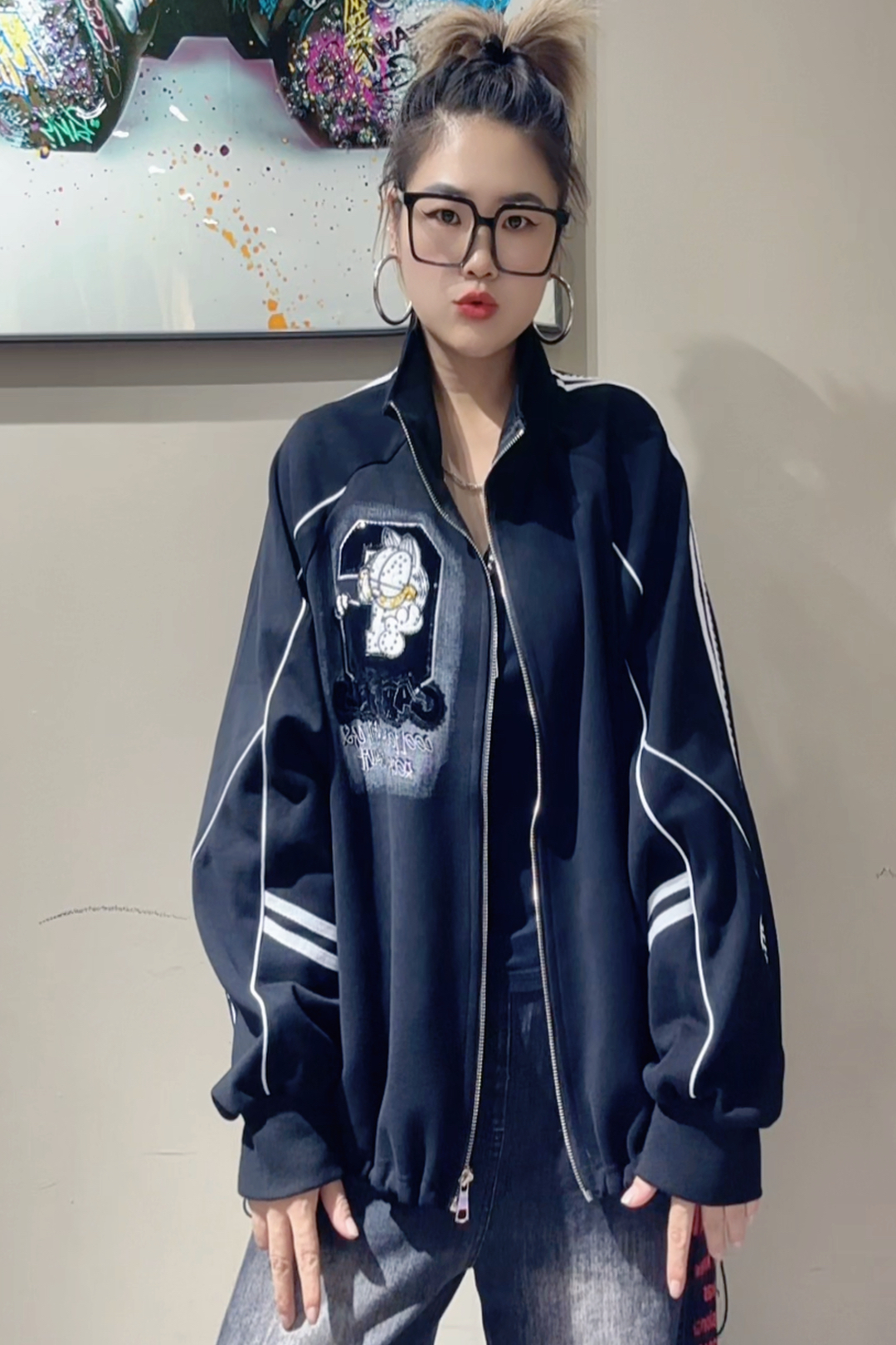 潮牌女装立领黑色外套大码外套秋冬款外套