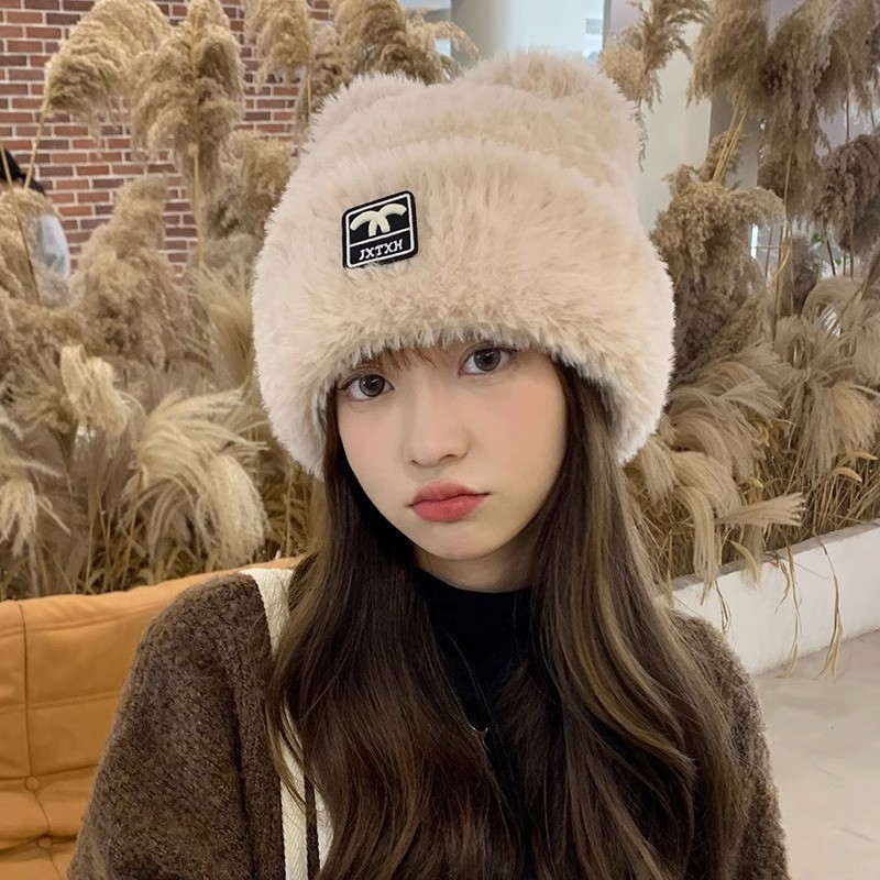 毛绒针织帽子女冬季甜美可爱猫耳朵护耳显脸小加厚保暖百搭毛线帽