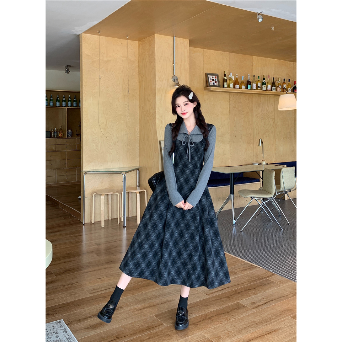 25秋季新款经典菱格连衣裙女收腰拼接长袖大码温柔气质长款裙子