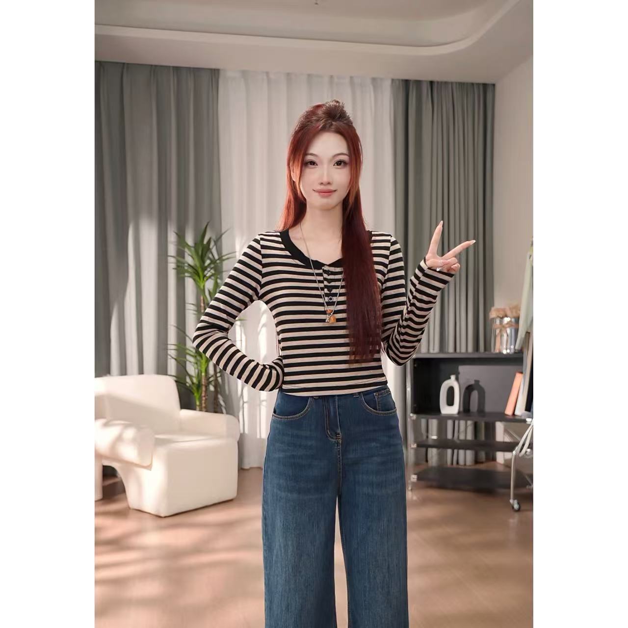 【苏苏小个子】秋季新款条纹显瘦休闲百搭圆领长袖T恤-YJ15003