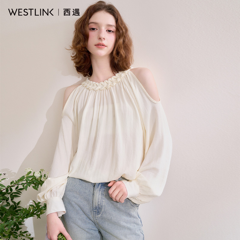 西遇黄色挂脖外穿衬衫女2025年春季新款赫本风法式露肩长袖上衣