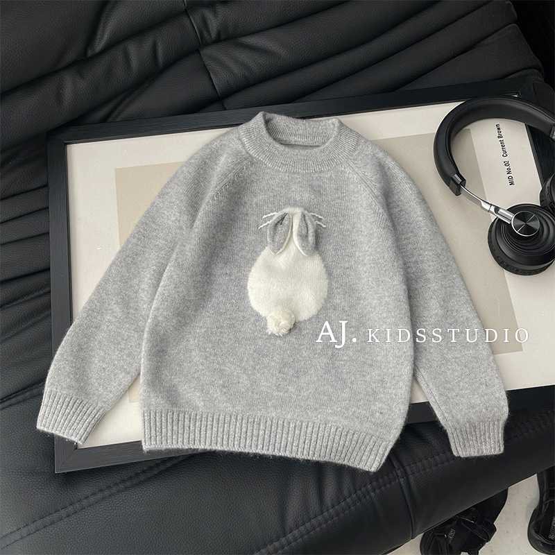 阿湫冬装女童韩版时尚可爱小兔子提花保暖套头毛衣MPG7620
