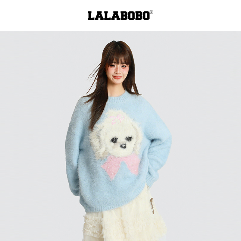 LALA针织宽松加厚毛绒卡通泡芙小狗圆领毛衣RBEC-WSTM14