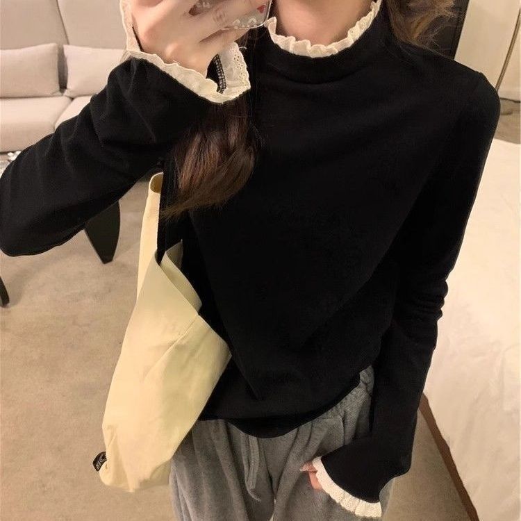 蕾丝拼接少女风双面德绒长袖T恤女修身可爱洋气内搭打底衫女秋冬
