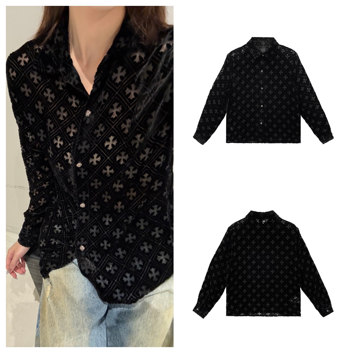 Chrome Hearts 克罗心 镂空十字丝绒长袖衬衫 黑色