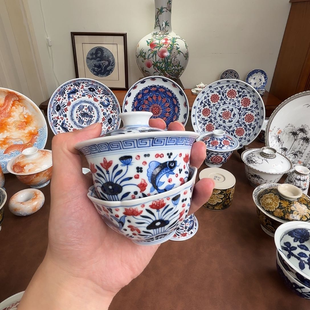 心***痕青花鱼藻纹盖碗➕杯子