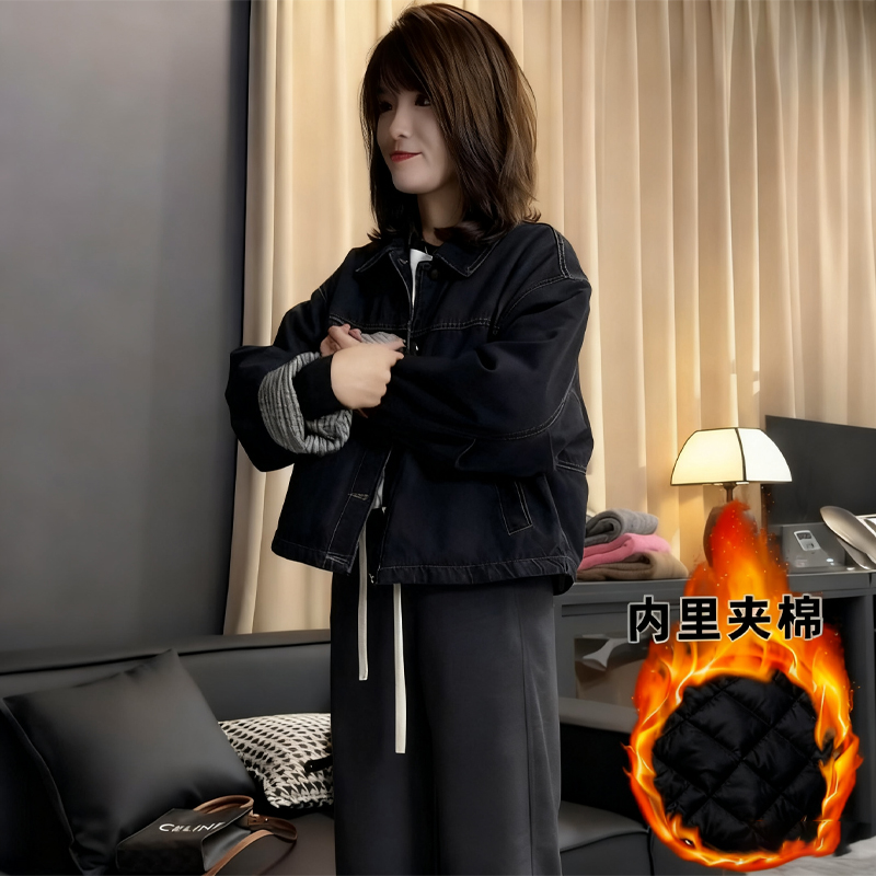 袖口拼接水洗夹棉牛仔棉服外套女秋冬季新款小个子加厚休闲上衣潮