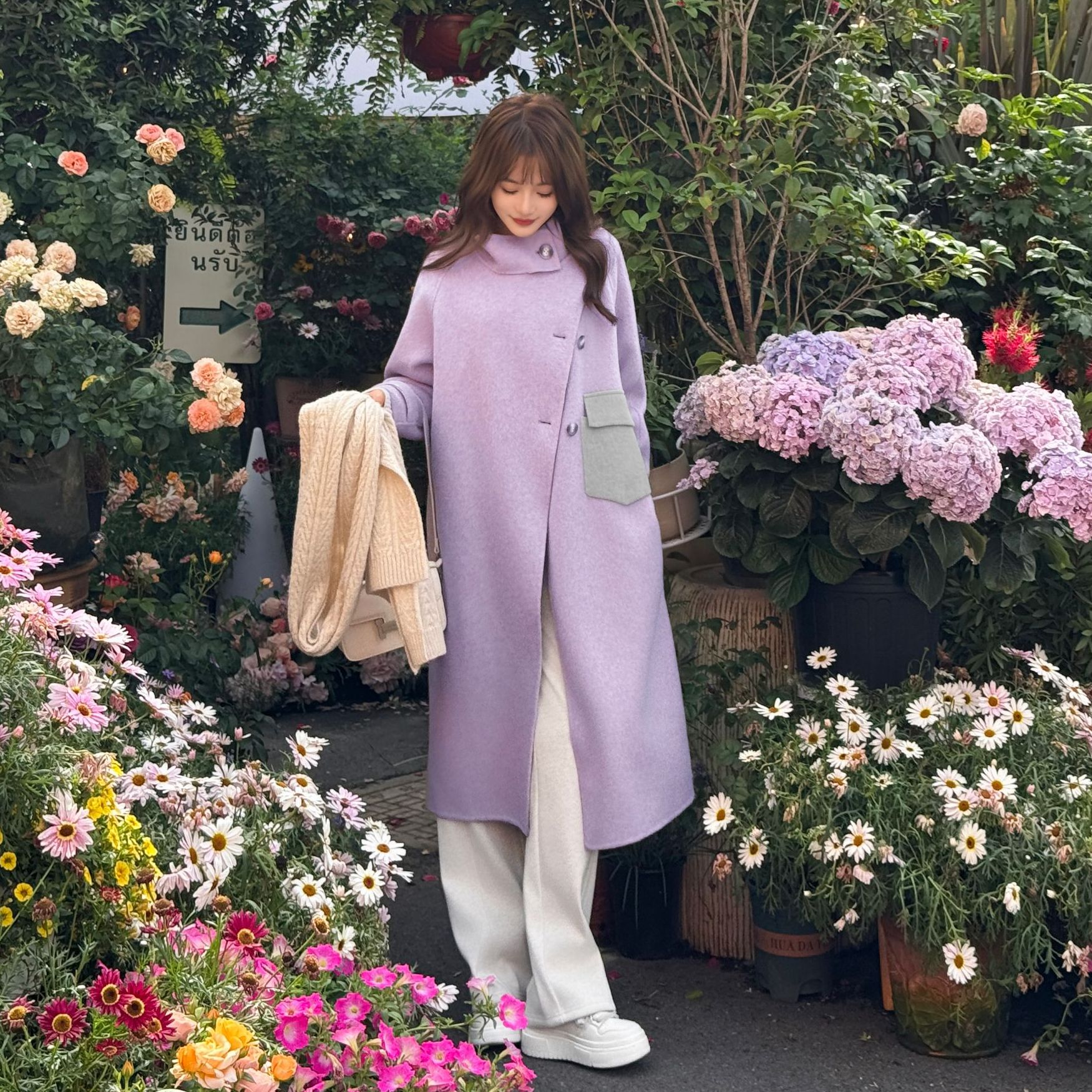 法式宽松秋冬过膝都市极简风百搭修身温柔长款羊毛大衣 25906