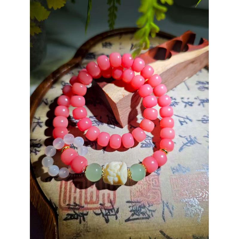 粉菩提 醒狮绿珠 双圈手串(无礼盒)737