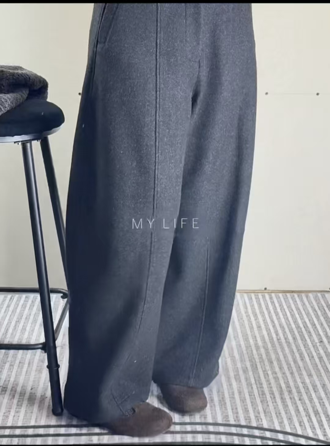 厚实高腰女裤毛呢加厚秋冬休闲人字宽松阔腿显瘦长裤冬季百搭时尚