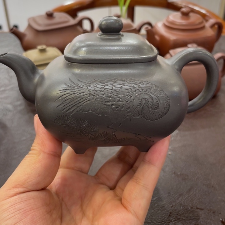 一***音紫砂茶壶高温天青传卢手工刻绘248cc 