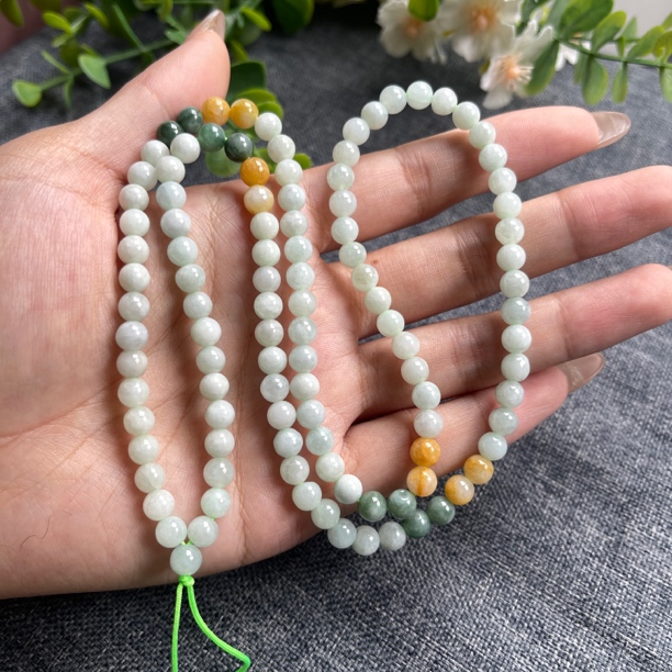 福利款缅甸A货翡翠经典圆珠三彩项链108颗玉牌项链绳百搭多圈手串