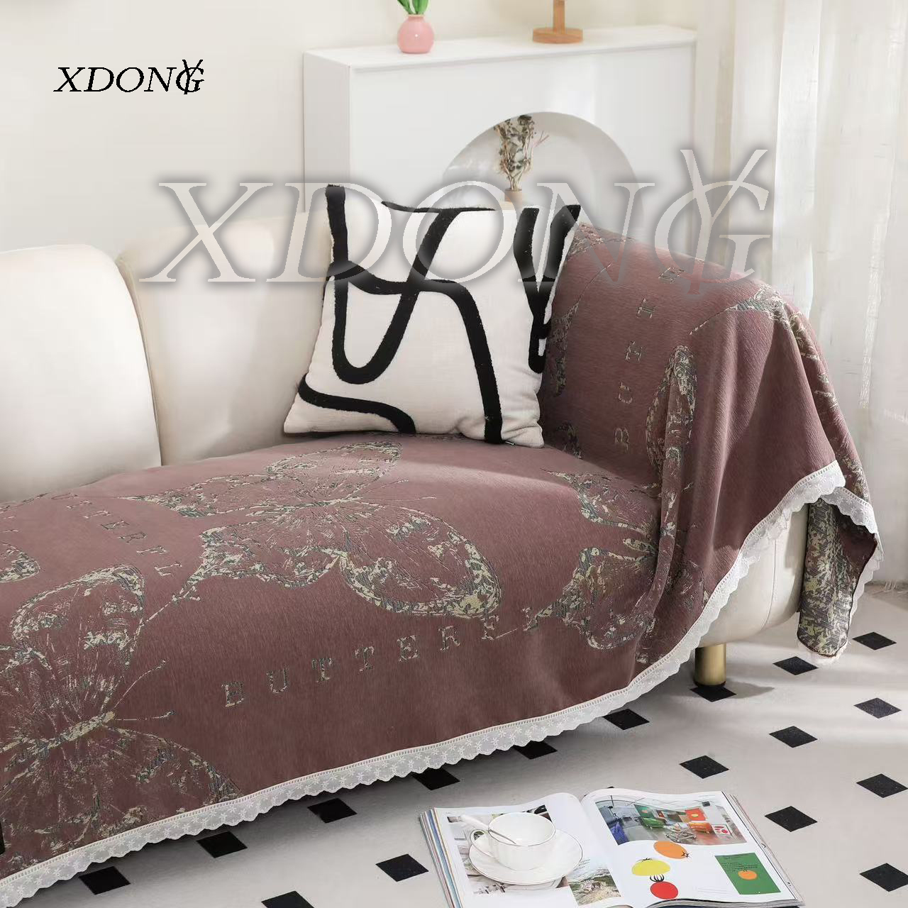XDONGY（冬云家纺）高端90*210 美学 蝴蝶 咖色沙发巾 
