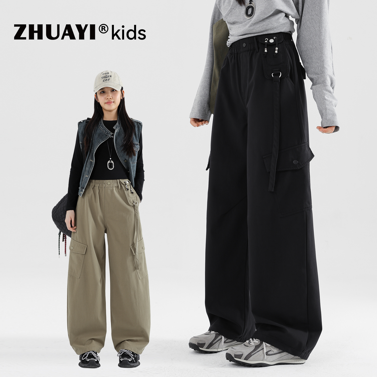 女童秋季休闲工装裤慵懒风口袋裤子学生个性弯刀裤潮（25309386）1