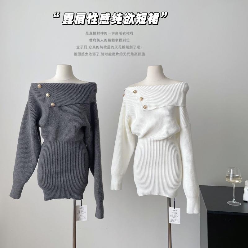 纯欲风斜肩长袖针织连衣裙女春季修身灰色短裙显身材收腰包臀裙子