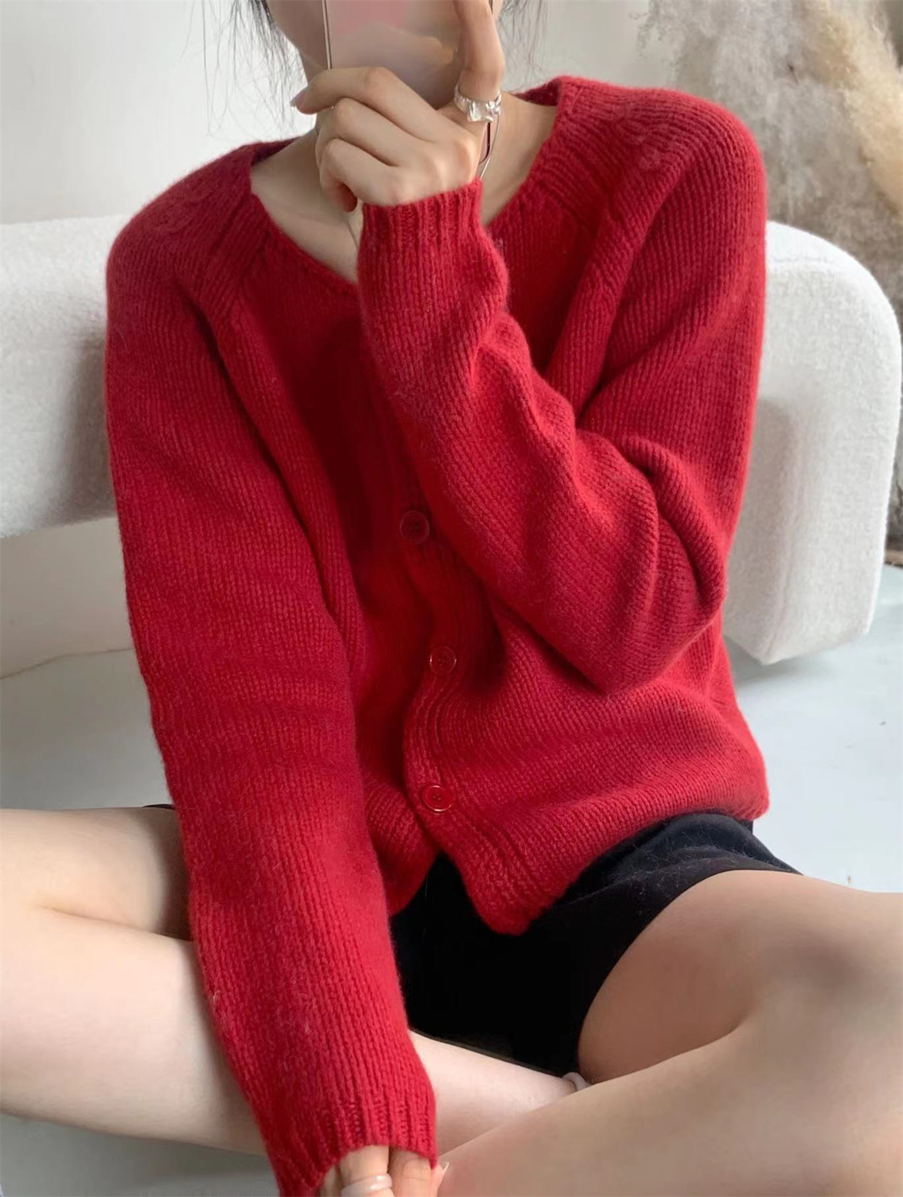 绵羊毛2025新款小香风插肩袖显瘦开衫外套韩系简约针织衫毛衣