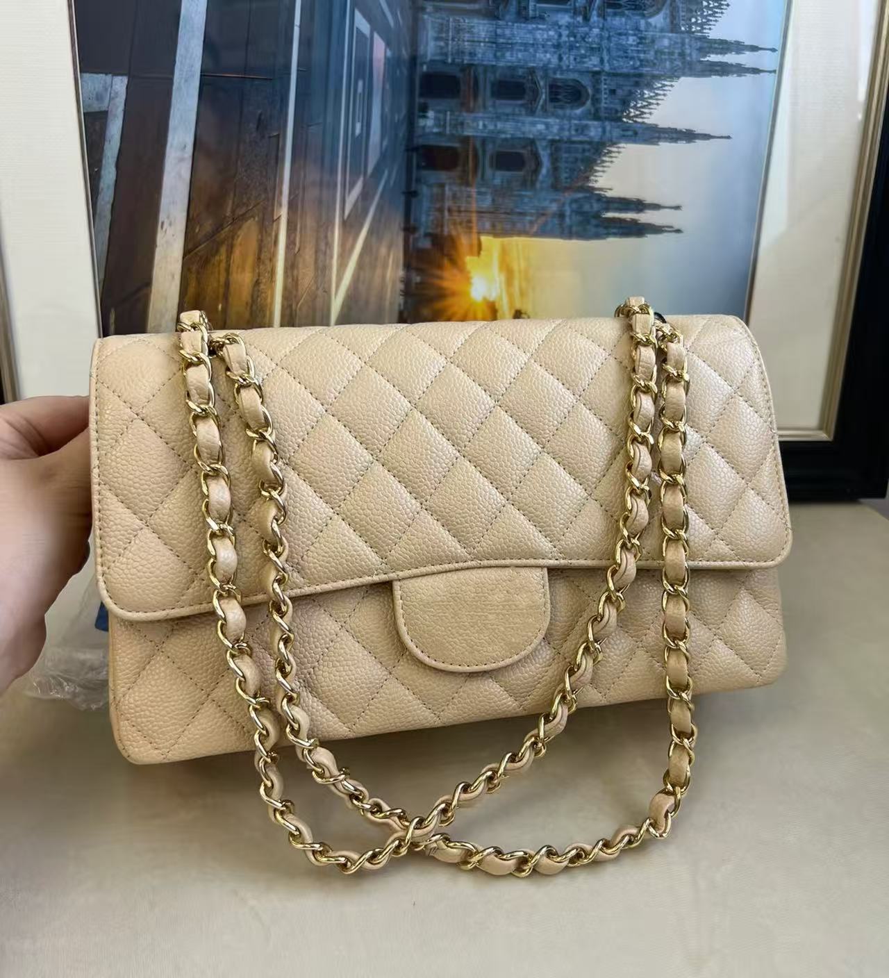 CF鱼子酱 菱格单肩斜跨手拎腋下包经典小香风