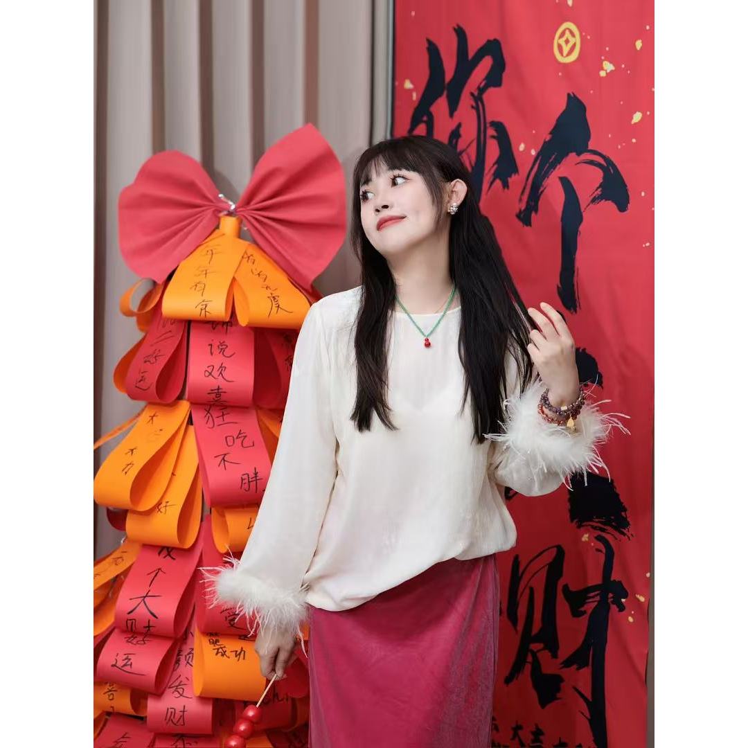 【锦说欢喜】‘仙女’新中式百搭真丝丝绒袖口毛上衣仙女风衬衫-83611