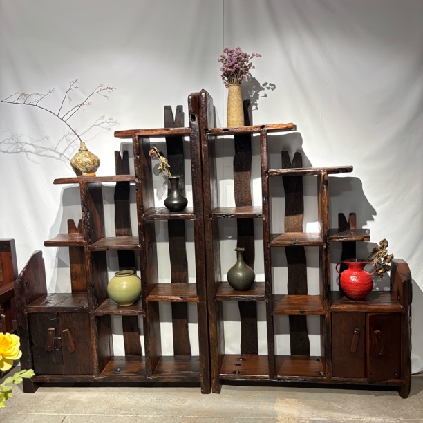 老船木办公博古架书架多宝阁置物架酒架茶架实木架子书房客厅茶桌