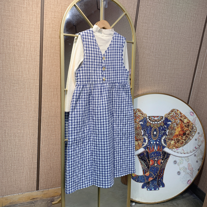 BT304孕妇蓝色格子背心裙两件套90-140