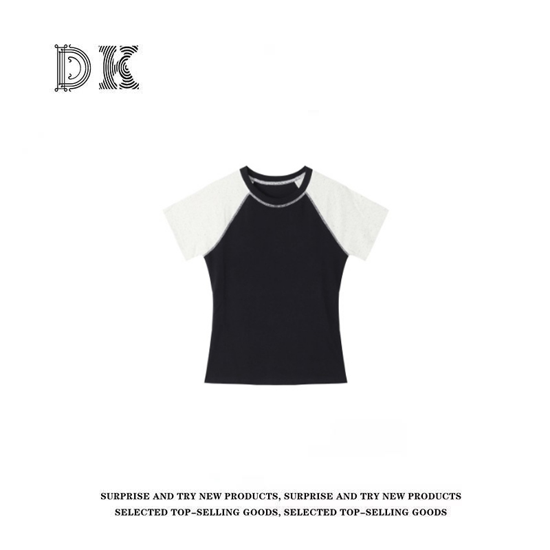 DK 2025夏季女装撞色拼接修身修身圆领短袖T恤 8593