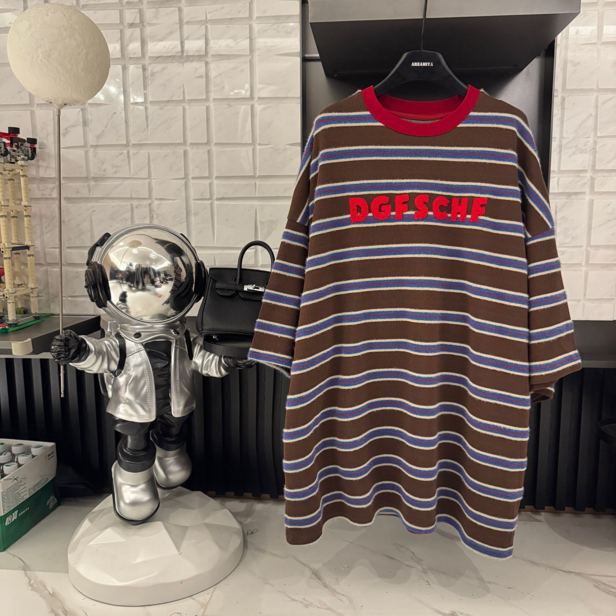 【红蓝&咖】女款秋冬潮牌字母撞色条纹圆领短袖T恤CP643