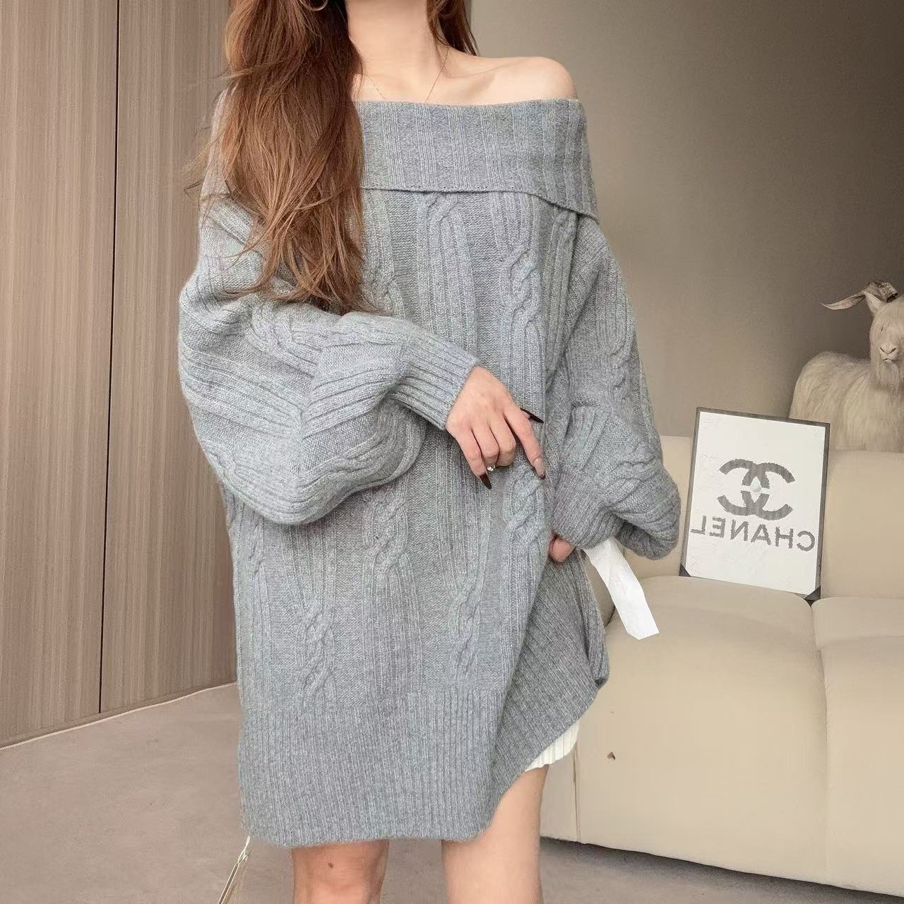 【百分百山羊绒】241552简约时尚复古款麻花一字领羊绒衫慵懒百搭