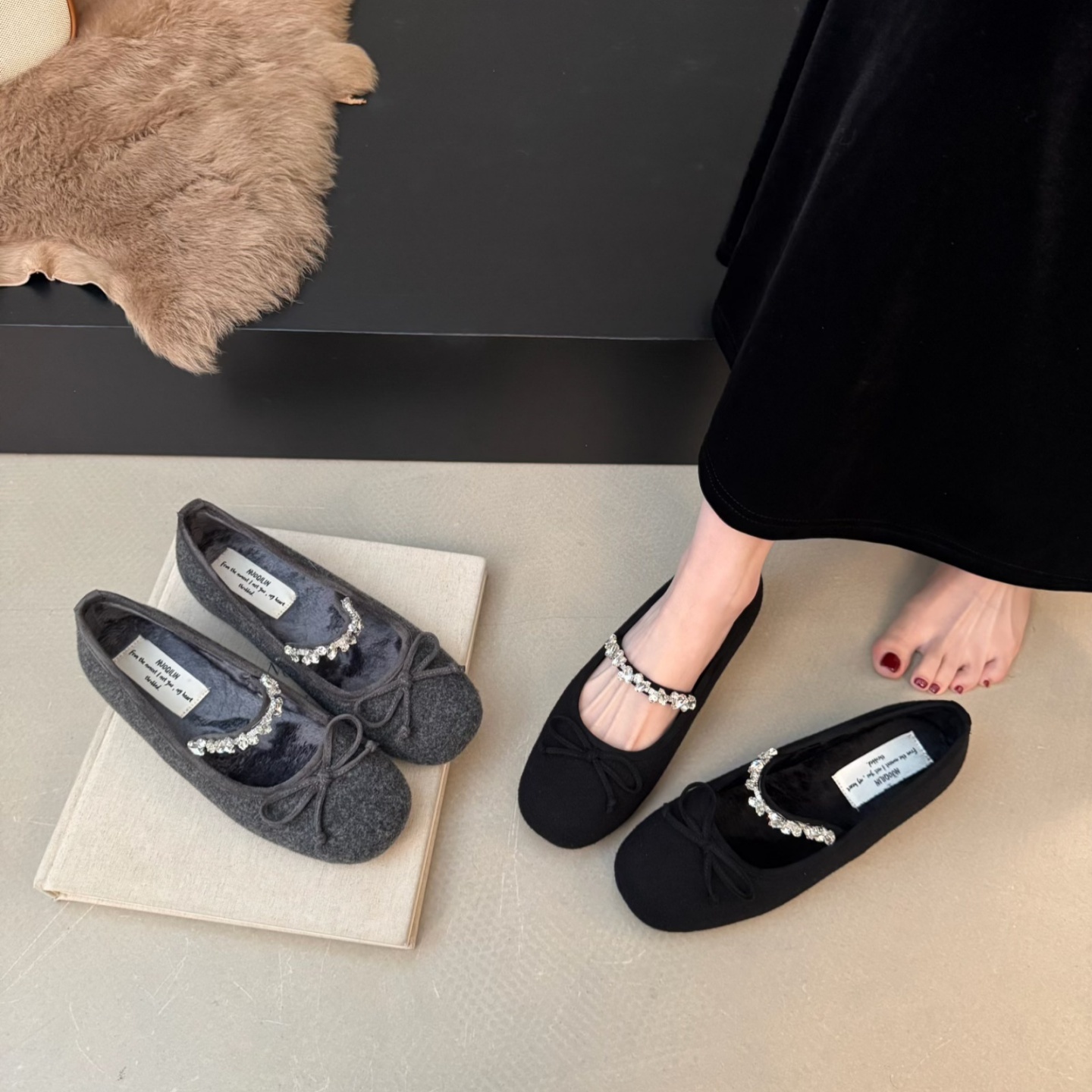 水钻内增高加绒玛丽珍鞋女秋冬懒人厚底毛毛豆豆鞋棉鞋
