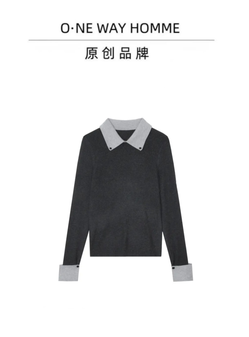 【洁儿】秋冬季时尚翻领拼色针织修身上衣长袖翻领女士羊毛衫打底衫