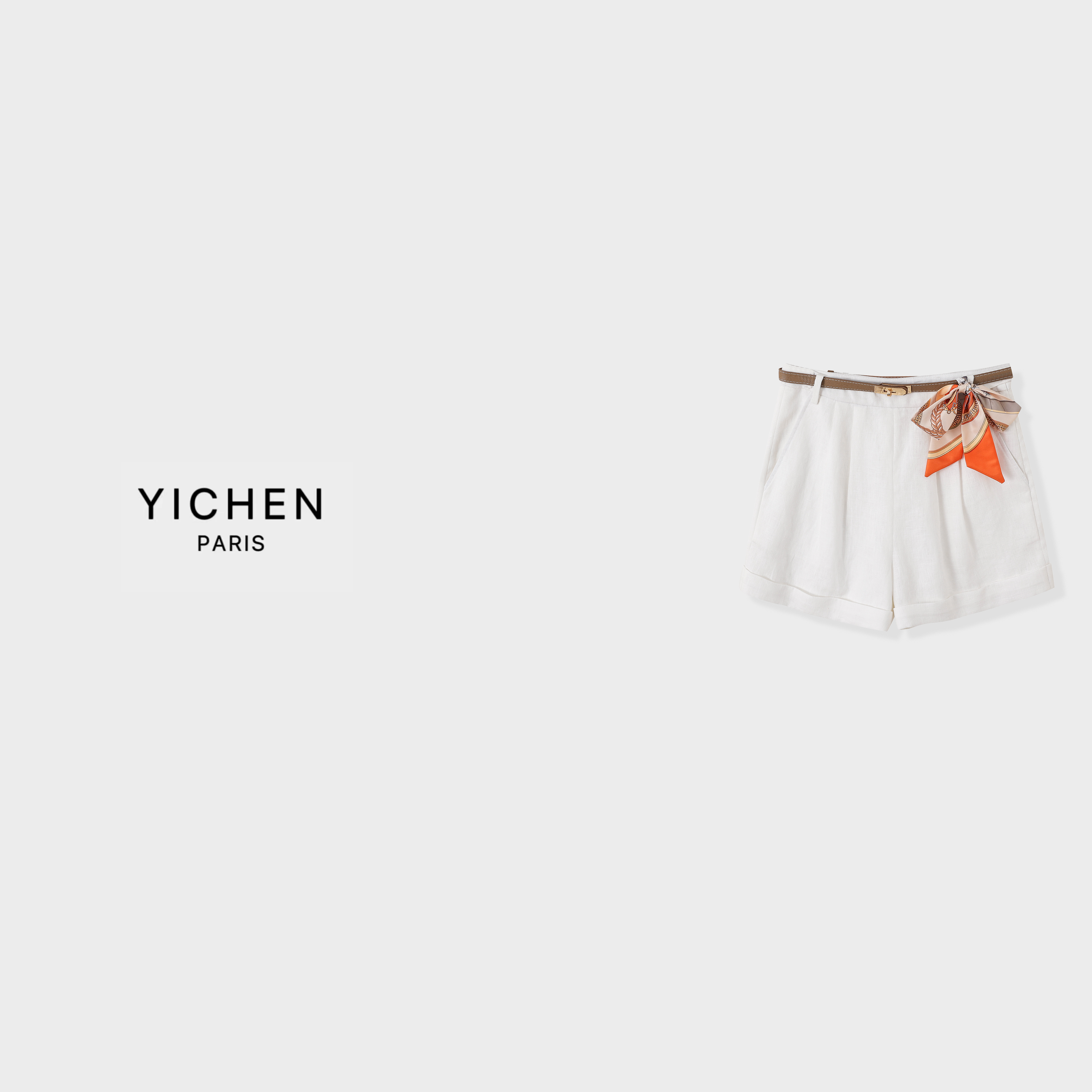 YC Kelly扣系带装饰纯白色褶皱阔腿亚麻短裤-1947