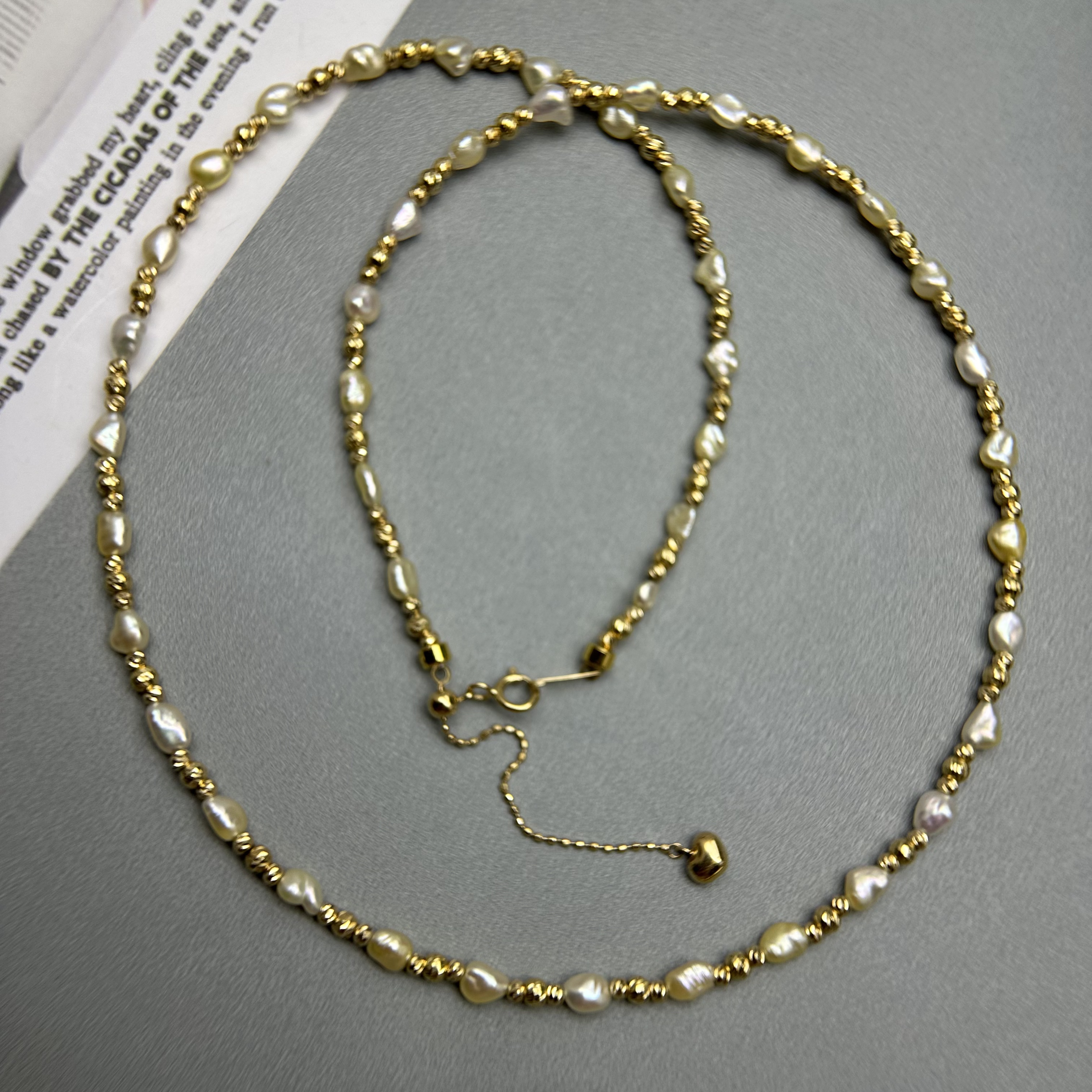 18k金中浓金金珠keshi无暇极光亮度海水珍珠项链 点位3-3.5mm左右