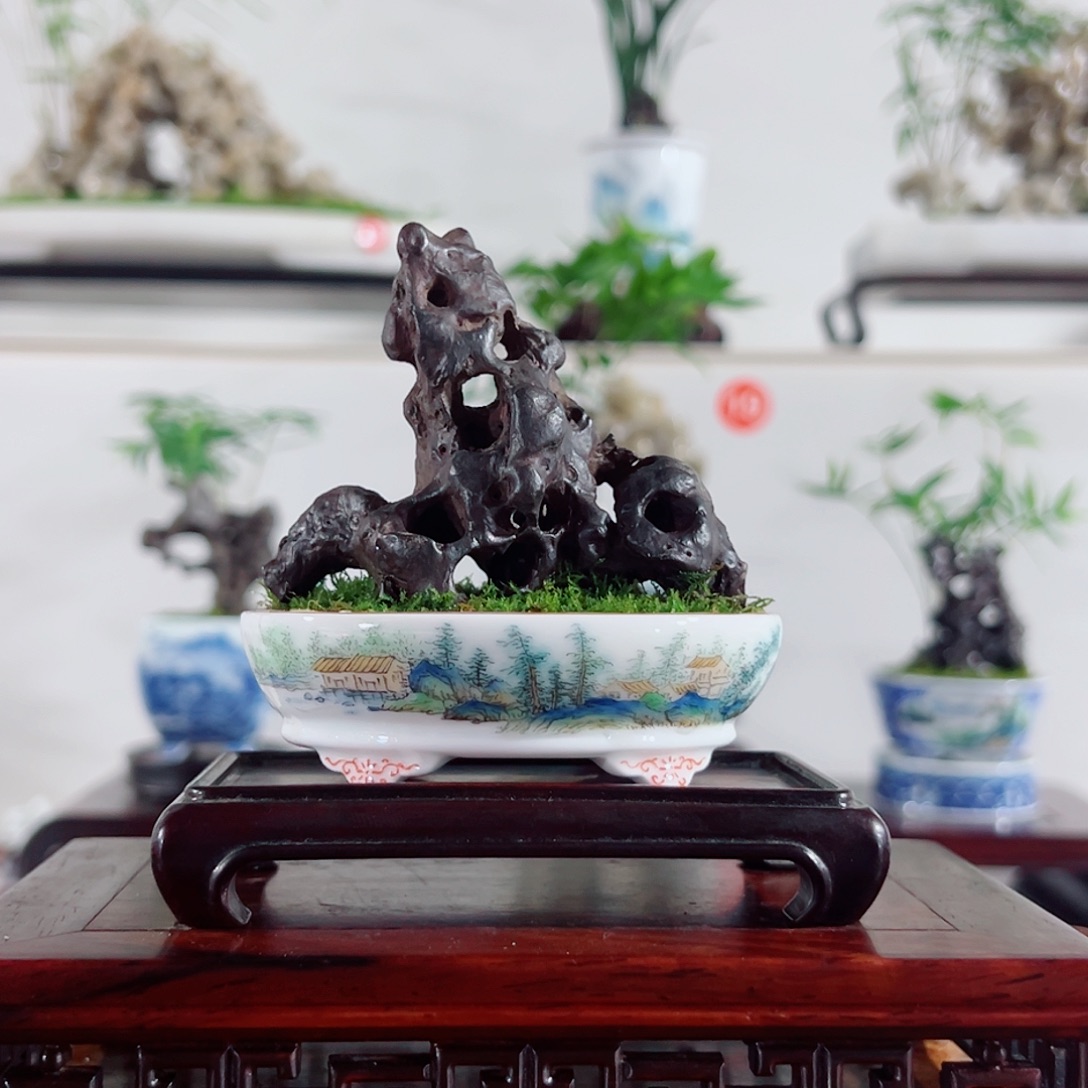 峰***骑无花朵盆景，太湖石，青绿山水