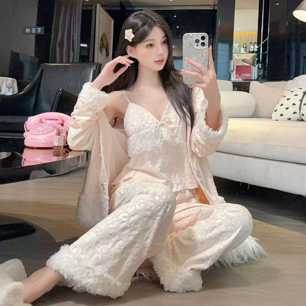 【绒绒豹纹】睡衣女海岛绒三件套可外穿保暖豹纹感