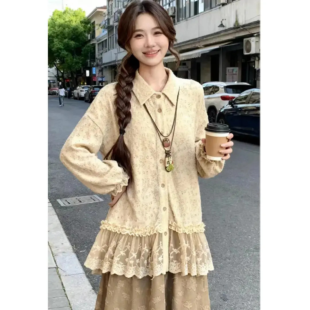 【杏语秋梦】衬衫中长款气质女小众设计师款宽松休闲蕾丝拼接上衣