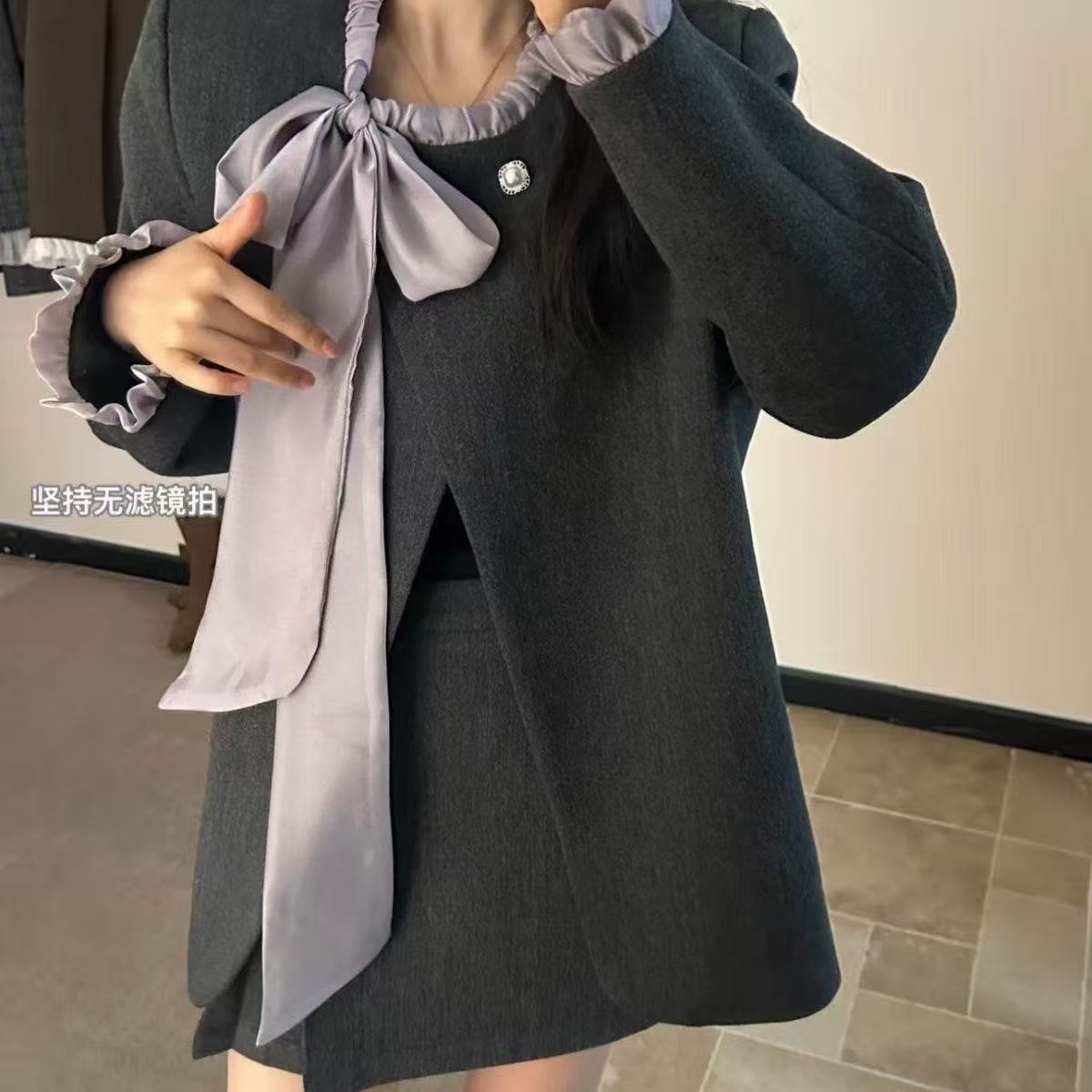 胖欣欣家秋冬新款绒飘带撞色百搭宽松短外套搭配半身裙时尚套装
